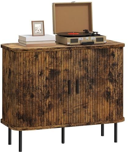 HOMCOM Mid-Century Modern Sideboard Schrank mit Lamellen Tambour Schiebetüren, Küchenschrank mit Stahlbeinen, Rustikales Braun