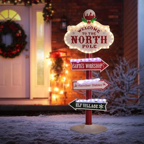 ECD Germany Segnaletica Decorativa per Natale a LED 95 cm 59 LED Multicolore Cartello del Polo Nord con 4 Tavole Scritte per Interno Esterno Decorazioni Natalizie in Plastica Cartelli Decorativi
