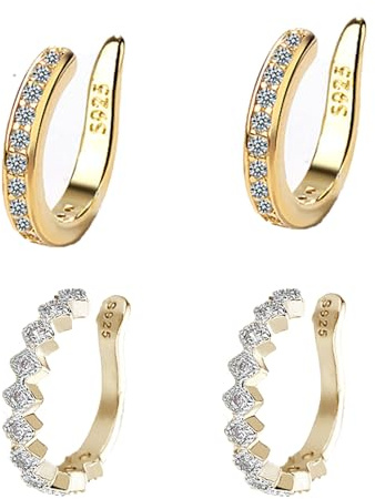 2 PCS Ear Corrector Clip, Gold Ear Bone Clips with Diamond Accents, Non Piercing Cartilage Earrings for Women, Adjustable Ear Cuffs for Everyday Wear and Special Occasions