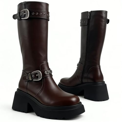 Greemarliy Edgy Black Leather Knee High Boots with Buckle Straps Women's Chunky Heel Knee High Leather Boots