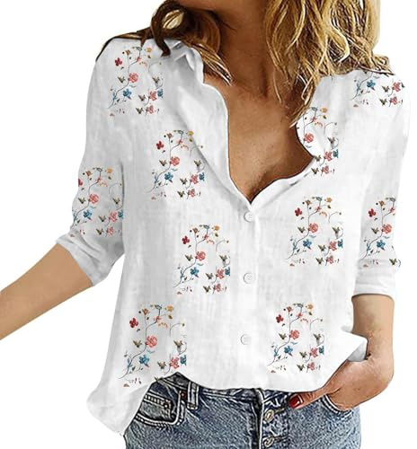 Generico Blusa Elegante Donna Cerimonia Camicia Donna Elegante Manica Lunga Maglietta con Bottoni Leggeri Cotone Tinta Unita Oversize Top Essentials Primaverile T-Shirt Maglie Scollo v