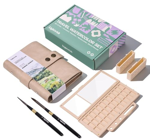 Juego de cuaderno de bocetos de acuarela de viaje, 17 x 9,9 cm, 100% algodón, prensado en frío, 20 hojas, diario de arte con paleta de pintura de cerámica vacía de 36 pocillos y 2 pinceles de acuarela