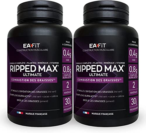 EAFIT | Ripped Max Ultimate | Aide à Brûler les Graisses, Améliore le Métabolisme | Homme & Femme | L-Arginine, Thé vert, Cacao, Caféine | Stimule l'Oxydation des Graisses | 2x120 Comprimés