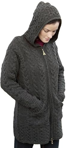 Aran Crafts Women's Irish Cable Knitted Wool Hooded Zip Coat (HD4025-SM-CHAR) Charcoal