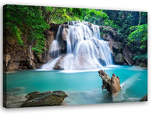 Febby Vlies Leinwandbild XXL Wasserfall Natur Teich 80x60 cm Wandbild Kunst Bilder Schlafzimmer Deko Wohnzimmer Kaskade Felsblöcke Bäume Blau