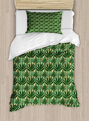 Ambesonne Banana Leaf Duvet Cover Sets, Overlapping Windmill Palm Trees and Leaves Pattern, Bedding Set with 2 Duvet Covers & 4 Pillowcases, 2 Pack Queen Size, Pale Yellow Jade Green