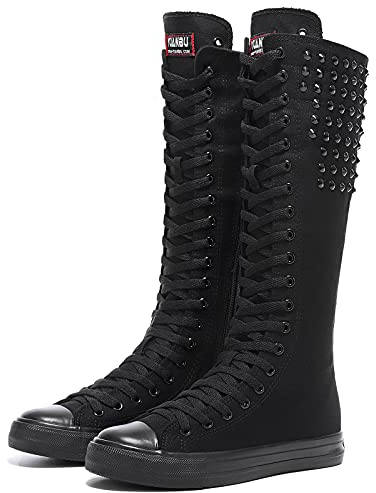Momuk Stivali in Tela Altezza al Ginocchio – Stile Punk con Borchie Lunghe, Scarpe da Donna e Ragazza Casual, Comodi Stivali in Canvas alla Moda