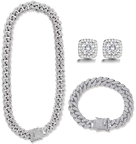 HIIXHC Mens Chains Cuban Link Chain Necklace Bracelets Set for Men Women Bling Bling Hip Hop Jewelry (Silver 24IN)