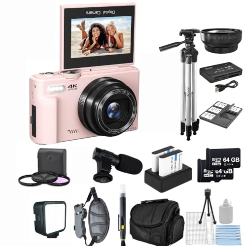 Acuvar Ultimate Creator Kit - Cámara digital 4K 64MP para fotografía y vlogs de YouTube, pantalla abatible de 180°, WiFi, gran angular y kit de filtro, 2 tarjetas de 64 GB, batería extra, trípode de