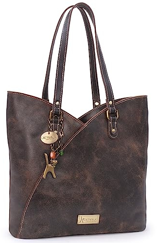 Catwalk Collection Handbags - Tote Bag Grande de Piel Envejecida - Bolso de Hombro Tulipán Mujer - Bolso de Mano de Trabajo - Abigail Marrón