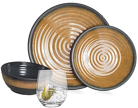 Vaisselle de camping en mélamine pour 4 personnes Stone Curry + 4 verres à eau Tiamo Vaisselle de table Pique-nique BBQ Batterie de cuisine