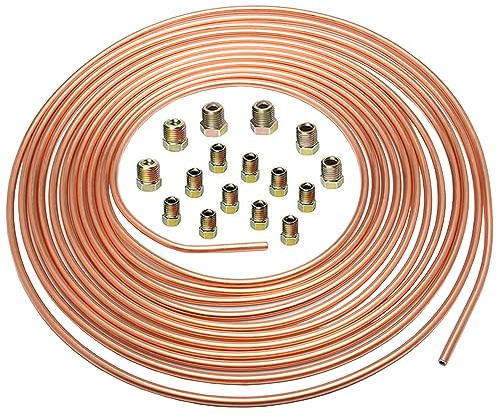 MOCNT 4,75mm Tubo Freno in Rame per Auto 3/16 Tubo del Freno Rivestito in Rame Kit di Linea Freno di Sostituzione Auto Flessibile Tubi per Olio Carburante 7,62m con 16 Dadi