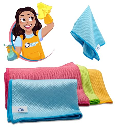 KLIN Lot de 12 Chiffon XL Microfibre aux Écailles de Poisson 30x40 cm, 4 Couleurs pour Nettoyant Vitre, Cuisine, Voiture, Maison et Bureau - Chiffon Nettoyage Microfibre Polyvalent et sans Trac