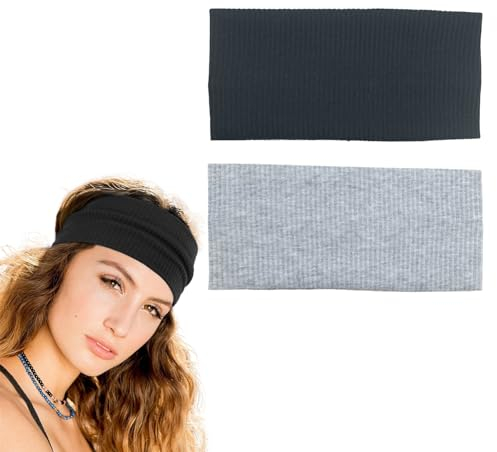 Goiern® Pack of 2 8 cm Sportliche Stirnbänder, Elastische rutschfeste Haarbänder, Sport-Stirnband, Schweißband, für Laufen, Yoga, Basketball (Schwarz, Grau)