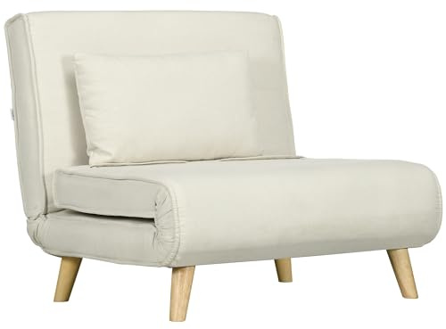 HOMCOM Sofá Cama Individual Sillón Cama Plegable Tapizado en Lino Sintético con Respaldo Ajustable en 6 Posiciones y Almohada Sofá Cama para Salón 90x78x79 cm Beige