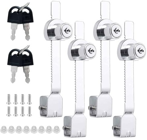 Pack de 4 cerraduras para estantes, cerraduras para terrarios, cerraduras para vitrinas, con tornillo de fijación, cerradura con trinquete, cerradura para puertas de vidrio, con diferentes llaves