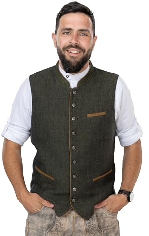 Schöneberger Gilet traditionnel pour homme, vert olive, gilet loden vintage pour Oktoberfest | Gilet en lin et pantalon en cuir – Gilet Hubertus, vert olive, 60