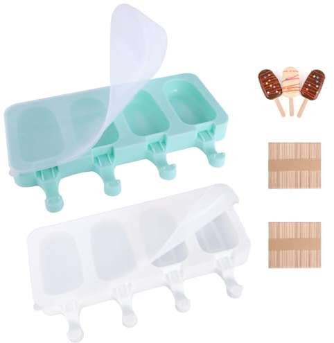 2 Pezzi Cavità Ovali Gelato Homemade Stampi, Stampi Ghiaccioli in Commestibile Silicone con 100 Stecchi Legno, Riutilizzabile Anti-Aderente Ice Cream Mould per DIY Popsicle
