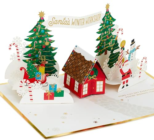 Hallmark Tarjeta de Navidad, 3D y tarjeta emergente, taller de Papá Noel, país de las maravillas de invierno, rojo, verde, dorado