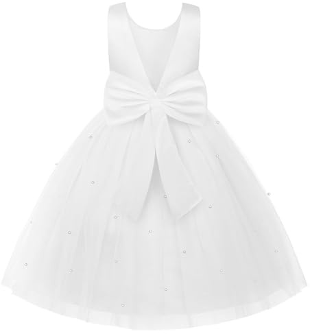 Uhnice Flower Girl Dress Satin Ball Gown for Wedding Party with Bowknot (White, 90/2-3 Years)