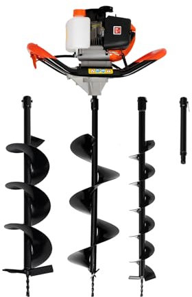 Tarière à essence, 2 temps 52 cm³, poteau de clôture, tarière, pelleteuse avec 3 forets 100, 150, 200 mm