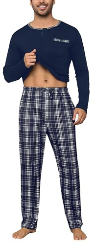 Litherday Pijama Hombre Algodón Invierno Manga Larga Conjunto de 2 Piezas con Pantalón Cuadros y Camiseta Cómoda Ropa Dormir Hombre,Azul,M