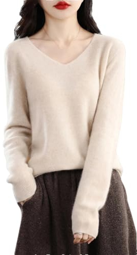 Pull en cachemire pour femme en laine mérinos 100% tricoté uni à col V doux, M