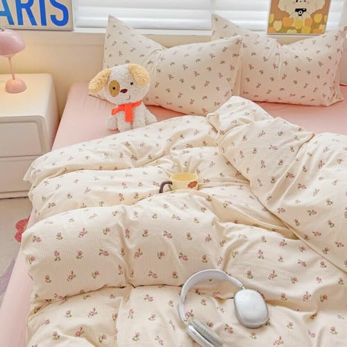Michorinee Single Duvet Cover Set Pink Rose Stripe Pattern Romantic Floral Girls Flower Beige Bedding Set with Zipper Closure Soft Washed Microfibre Aesthetic Quilt Cover with 1 Pillowcase 50x75 cm