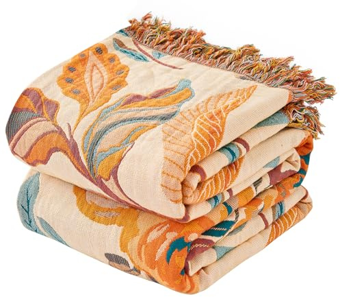 Boho Throw Blanket for Bed - 100% Cotton Ultra Soft Luxury Throw Rustic Fall Quilt,Bird Printed Farmhouse Decor Bed Blankets,Throw for Living Room Sofa Couch Chair (Boho Tulip, 200X230CM)
