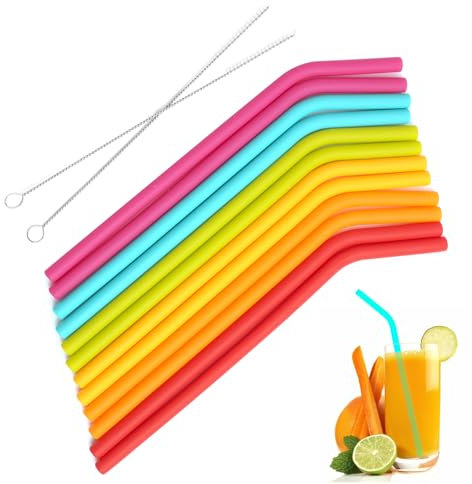 Cannucce Riutilizzabili Colorate Silicone, 12 Pezzi Cannucce Pieghevoli con 2 Spazzole, per Adulto Bambini, per Frullati Bubble Tea Caffè Cocktail Latte Succhi Yogurt, 24cm