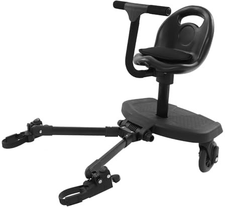Buggyboard con asiento, tabla de pie universal para niños de 2 a 6 años, ligera, diseño de dos ruedas de 360°, carga de 50 kg, ruedas negras.