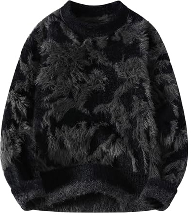 Generisch Men's Knitted Jumper with Abstract Pattern, Fluffy Pullover in Streetwear Look, Soft Sweater for Autumn and Winter