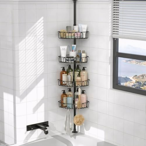 COSYLAND Mensola Doccia Senza Foratura Telescopica in Metallo - Porta Sapone per Doccia Regolabile con 4 Ripiani, Asta Estensibile e Design Antiruggine per Bagno, Vasca e Cucina - Nero