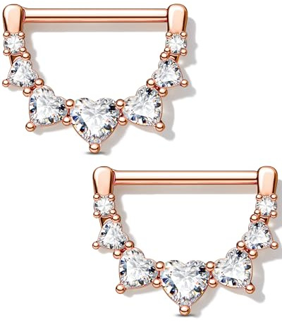 OUFER 14G 2 Pezzi Cuore Anelli per Capezzoli in Oro Rosa, Barrette per Capezzoli a Scatto in Acciaio Chirurgico 316L con Zirconia Cubica Trasparente Gioielli per Piercing in Argento da 14 mm per Donne