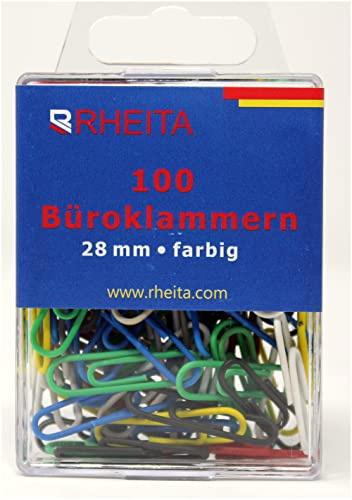 Rheita 1048-2 Briefklammern 28 mm, farblich sortiert, 100 Stück in Klarsichtbox,farblich sortiert