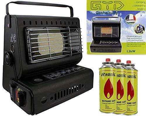 SMH LINE® Calefactor de Camping Gas, 1,3 kW, Foco de Gas cerámica para Camping + 3 Cartuchos de Gas incluidos