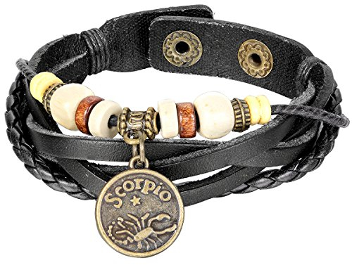 JewelryWe Lederarmband Herren Damen Sternzeichen: Skorpion Legierung Holz Leder geflochten Armband Tierkreis Horoskop Druckknopf Verstellbare Größen Armreif Wickelarmband Surferarmband Schwarz