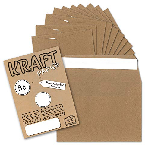 50x Vintage-Umschläge DIN B6 125 x 176 mm Kraftpapier 120 g/m² braun Recycling Brief-Umschläge Haftklebung - UmWelt by GUSTAV NEUSER