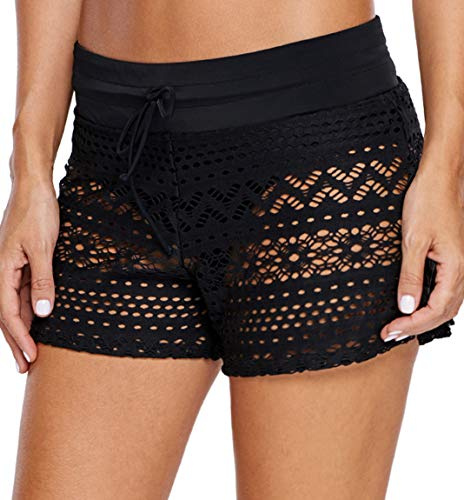 Ocean Plus Dam Virkad Spets Eleganta Badshorts med Innertrosa Simshorts Bikinibyxor överdimensionerade Hotpants Boxer Strandshorts (3XL (EU 44-46), Obsidian)