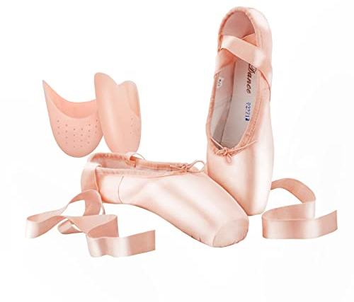 SHOLING Professional Pointe Shoes Satin Ballet Dance Slipper with Ribbons Toe Pads for Womens Girls (Pink, Numeric_5_Point_5)