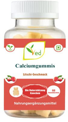 Ved Calciumgummis; Chews Litchi Flavour, Calcium & Vitamin D Gummies, Vegetarisches veganes Nahrungsergänzungsmittel - 60 Kausnacks 30 Tage Vorrat