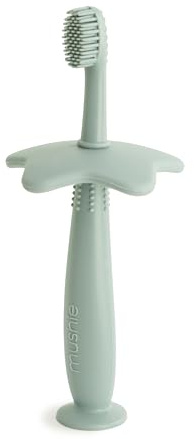 Mushie Silicone Training Toothbrush, for Infants and Toddlers, Suction Base for Easy Storage & Training, Material: Food Grade Silicone, Star Design (Cambridge Blue)