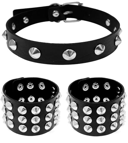 Studded Black PU Leather Choker Necklace Bracelets, 3-Row Cone Spikes Stud
