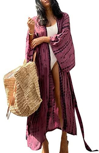 YOUKD Abito estivo da donna lungo caftano maxi bohemien da spiaggia coprente vestaglia spaziosa kimono taglia unica, Un nero rosa, Etichettalia unica