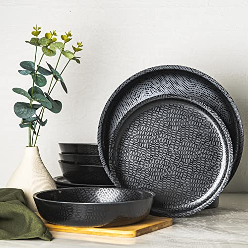 bzyoo Set di stoviglie in melamina da 12 pezzi, resistenti, lavabili in lavastoviglie, piatti neri e ciotole, per cene casual, feste, campeggio, collezione Mono Black