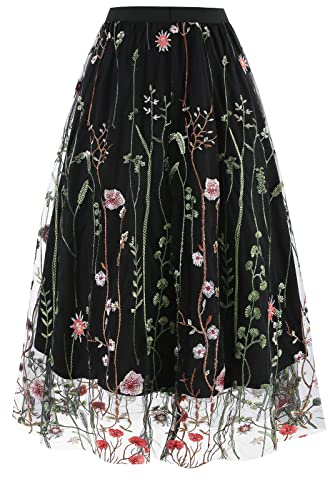 Damen T?llrock Langes Blumen Stickerei Rock Elegant Elastischer A-Linie Lagenrock Plissee T?ll Langes Kleid Blumenmuster Midir?cke Hohe Taille L?ssiges M?dchen Rock Vintage 50er Meshrock Schwarz L