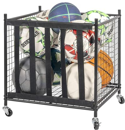 eluno mobiler Sportball-Aufbewahrungswagen stapelbar, Ballwagen zur Aufbewahrung von Fußbällen, Volleybällen, Basketbällen, Handbällen etc. mit 5 Gurten an Einer Seite, aus schwarzem Stahl