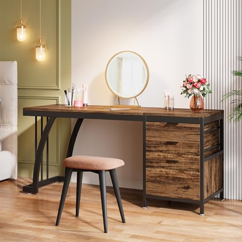 Tribesigns Sminkbord med 3 lådor, 150 cm stort sminkbord med vändbara lådor, elegant sminkskrivbord för kvinnor flickor (rustik brun) (endast skrivbord)