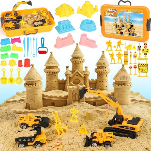 Subtail Magic Sand für Kinder - 6 Baufahrzeuge | 16 Burgformen | 18 Verkehrsschilder - Kinetischer Sand Spielsand Faltbarer Sandkasten - Geschenke für Jungen und MäDchen ab 3 4 5 Jahren