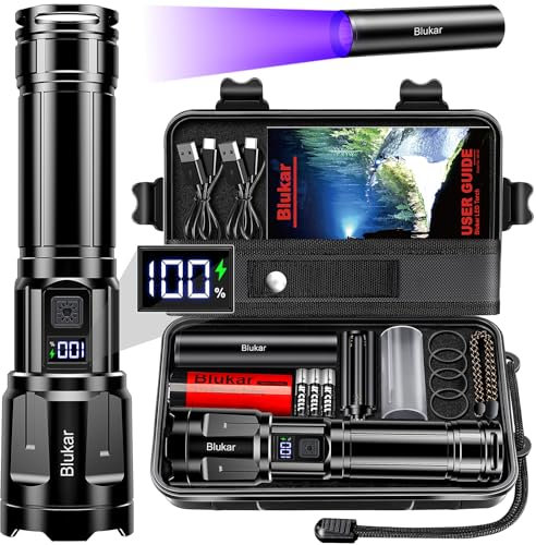 Blukar LED Torches Super Bright - 3 Color Temperatures & 4 Modes, Rechargeable, Long-Lasting 5000mAh, Adjustable Focus, IP67 Waterproof Handheld Torch Flashlight for Camping, Emergency, Hiking etc.